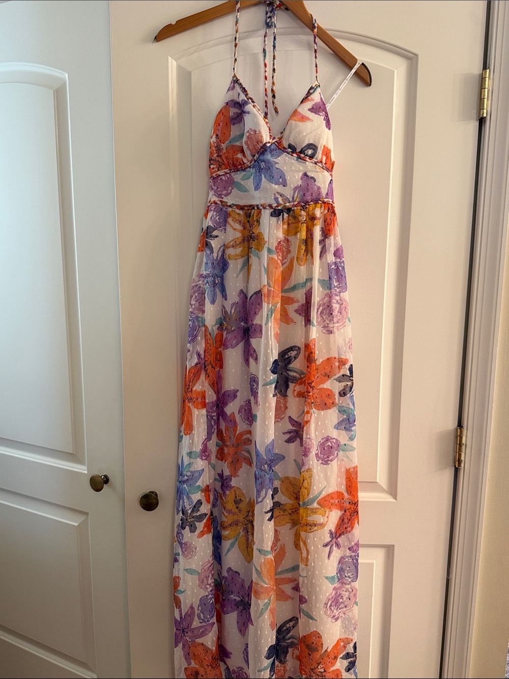 Jessica Simpson White Floral Maxi Dress with Orange, Purple and Yellow Flowers